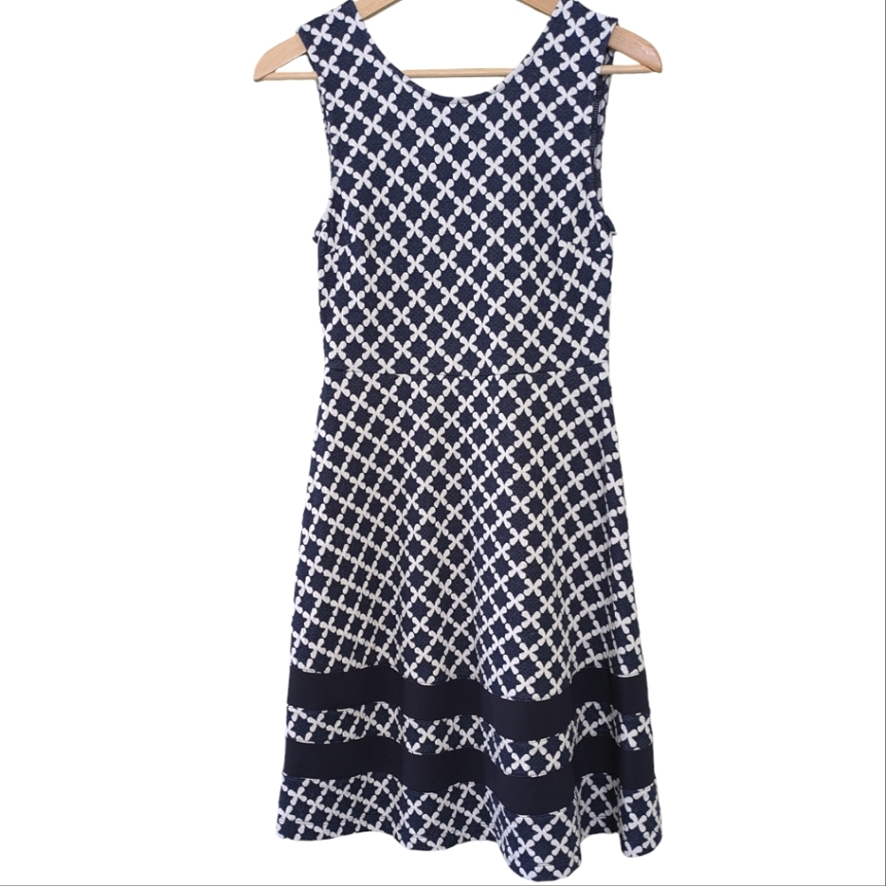 Mauvette navy patterned flared dress